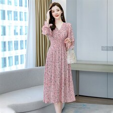 2021春季新款气质V领时尚优雅雪纺花边长袖收腰显瘦连衣裙，女装连衣裙，贵人树