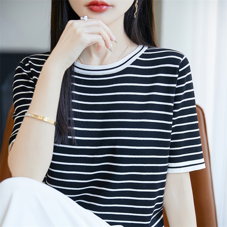 休闲条纹短袖t恤女夏季2025新款打底衫洋气大码女装冰丝针织上衣,女装T恤,皓宇羊绒