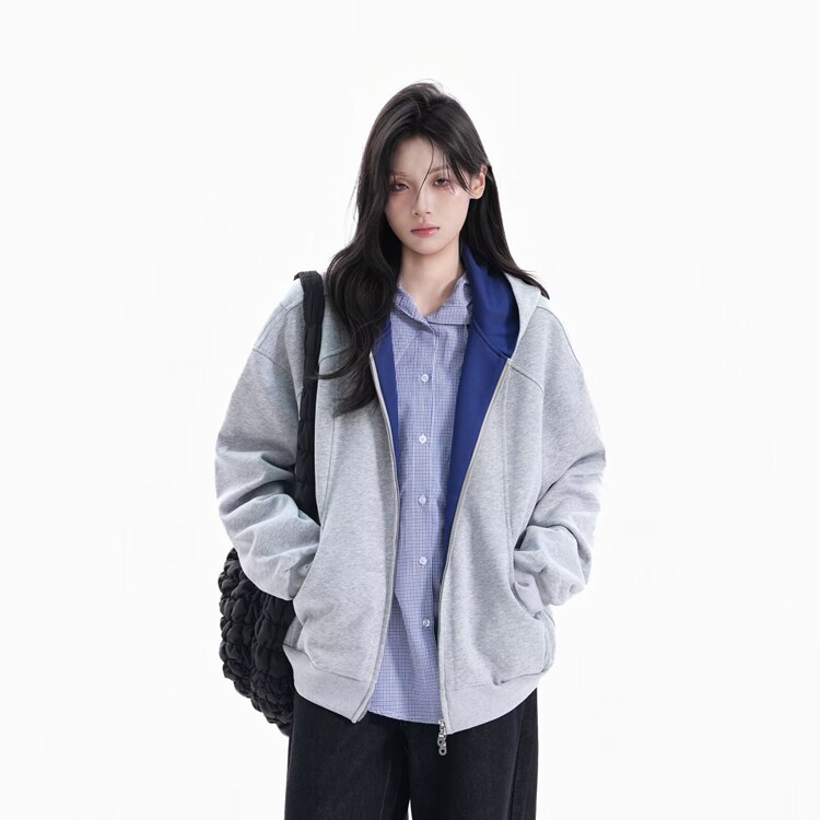 美式复古重磅衬衫假两件卫衣外套女春秋2025新款开春宽松拉链开衫,男装衬衫,星座218-8