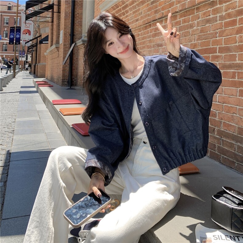 藏青色圆领慵懒风短款外套女2025秋季设计感简约气质百搭夹克上衣,女装短外套,2C166