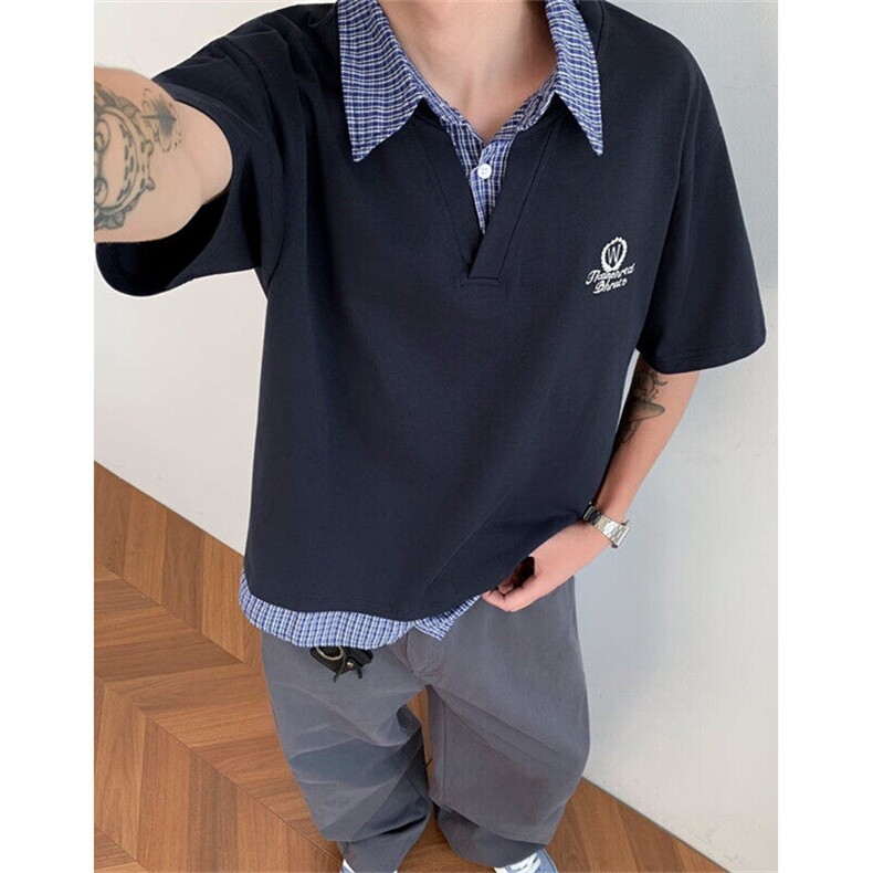 夏季学院风假两件短袖男女格子拼接polo衫t恤翻领休闲上衣TB65，男装T恤，星座1116A（原606A-3）