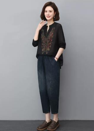 时尚套装女2023春夏新款小个子中年妈妈衬衫牛仔裤初夏休闲两件套,女装套装/套裙,叶笙衣