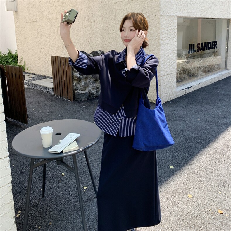 深蓝色假两件卫衣显瘦套装裙女2025年春秋季新款高级感休闲两件套,女装套装/套裙,2C129