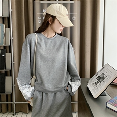 高级灰时尚拼蕾丝钩花长袖卫衣半身裙女春季新款学院风，女装运动套装，帛香坊