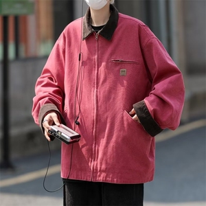 日系工装火龙果色外套男春秋2024新款复古宽松初秋高级感夹克图片