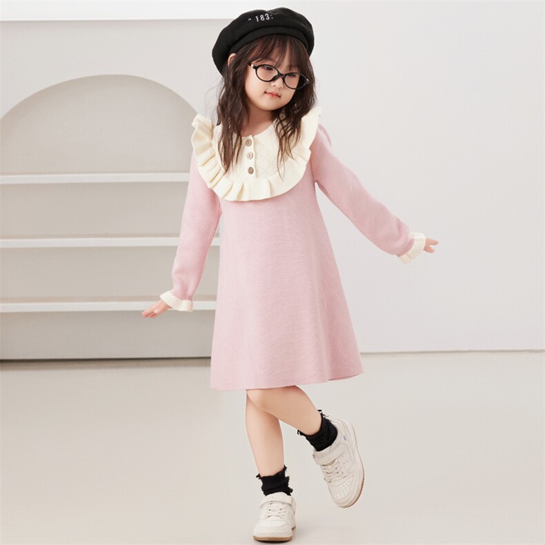 针织衫秋冬款2024法式娃娃领拼接长袖连衣裙，童装连衣裙，伊美侕