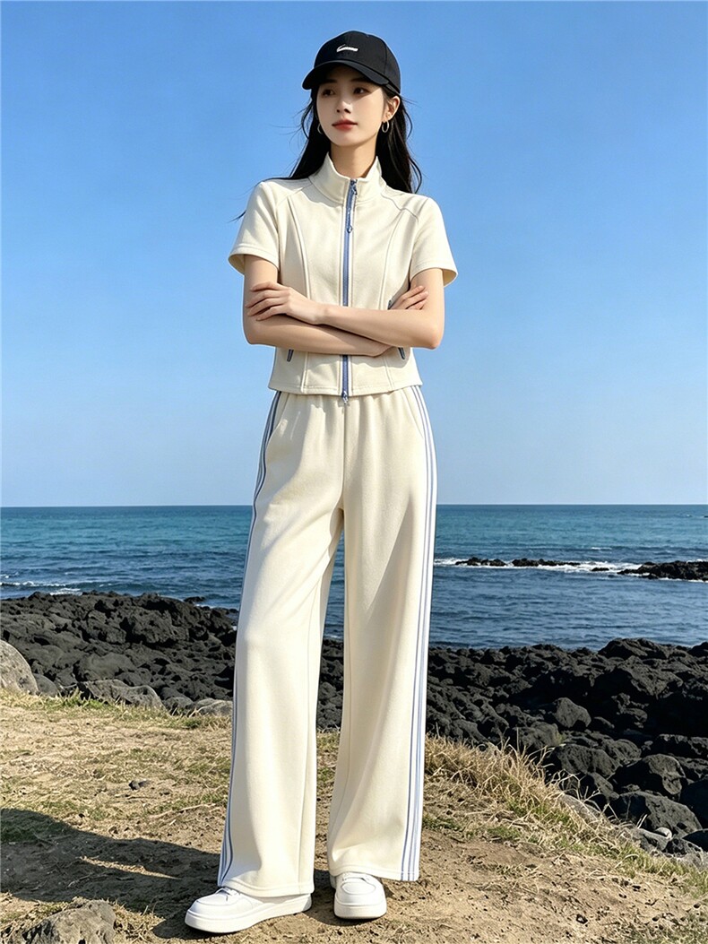 港风炸街休闲运动套装女夏洋气显瘦修身立领短袖上衣阔腿裤两件套,女装套装/套裙,江南