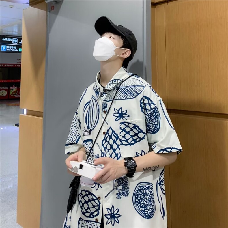 日系港风潮流潮牌痞帅外套满印衬衫男夏季小众短袖衬衣W3394-P30,男装衬衫,星座512-2