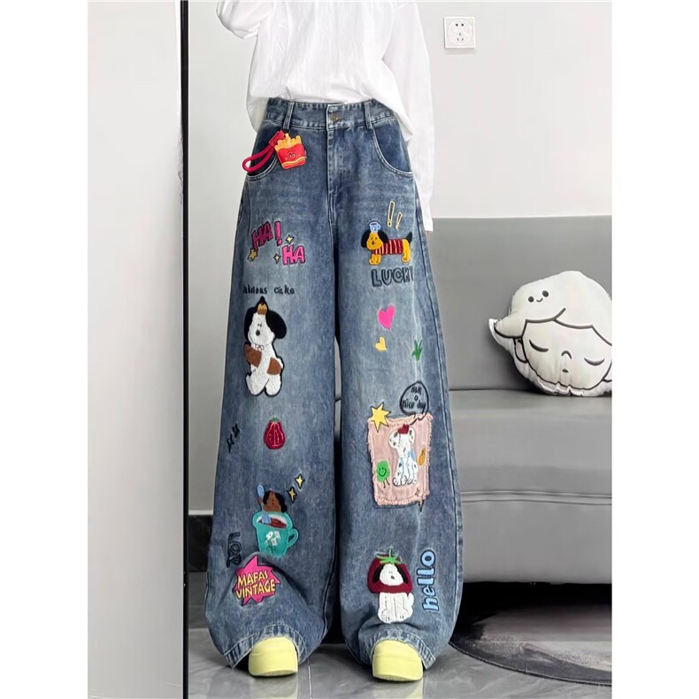 卡通涂鸦蓝色牛仔裤男女春设计感宽松显瘦直筒阔腿裤AMH04P60，男装牛仔裤，星座1013-5