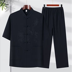 2025夏季薄款高端风绣花冰丝短袖衬衫唐装汉服套装9038-P95，男装衬衫，星座1105-3