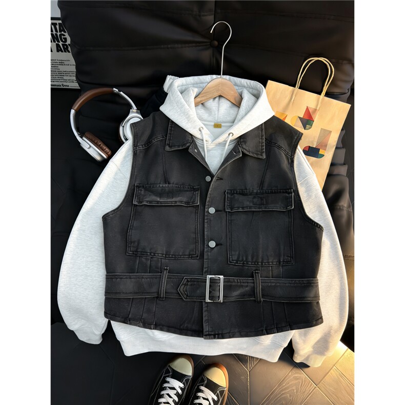 美式工装牛仔马甲男女夏季潮牌无袖坎肩背心潮流方领潮流夹克外套，男装背心/马甲，星座601-1