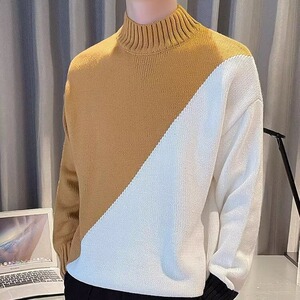 2025秋冬季新款潮流帅气毛绒毛衣男青少年拼色保暖针织秋冬打底衫图片