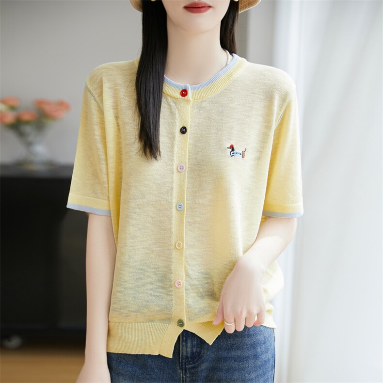 竹节麻针织短袖开衫女圆领拼色刺绣小狗彩扣上衣宽松半袖T恤打底,女装蕾丝衫/雪纺衫,菲奥羊绒
