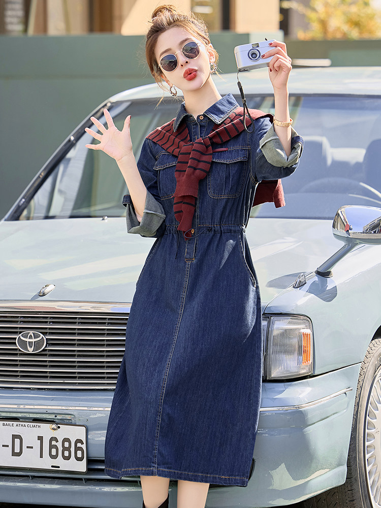 春季超好看披肩牛仔连衣裙长袖女款2025年新款时髦潮流高级感裙子,女装连衣裙,E百度