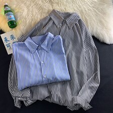 现货港风宽松休闲条纹男装秋款长袖衬衫上衣DM85-P45，男装衬衫，电商D321-1