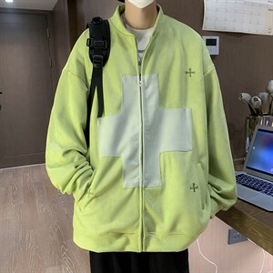 秋季撞色拼接设计感百搭卫衣潮复古绿色夹克外套男 W5137-P57图片