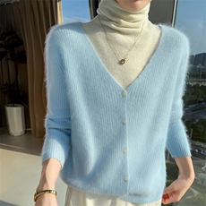 2025年秋季时尚百搭通勤简约休闲V领开衫，女装针织衫/毛衣，冬贝尔貂绒