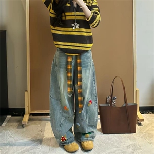 美式高街复古立体刺绣配腰带阔腿牛仔裤男女显瘦直筒弯刀拖地裤潮图片