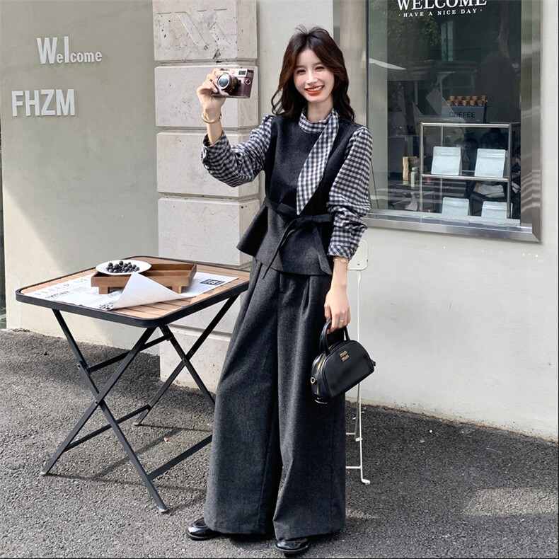 法式优雅气质套装女2025秋新款撞色拼接格纹飘带上衣阔腿裤两件套图片
