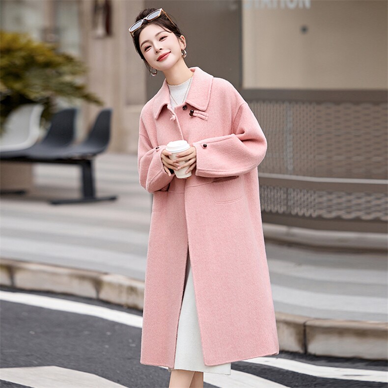双面呢大衣女春装新款欧货韩系时尚气质小香风中长款翻领羊毛外套,女装羊绒大衣,尚娜萱