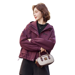 紫色加绒派克服棉服女短款2024冬季新款加厚保暖休闲连帽工装外套图片