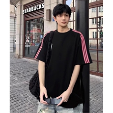 抖音得物品质二开240克宽松纯棉美式潮牌印花三条杠中性风短袖T恤，男装T恤，电商A486