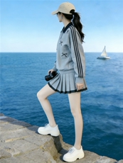 多巴胺休闲时尚套装女夏款洋气减龄蝴蝶结翻领上衣百褶短裙两件套，女装套装/套裙，江南