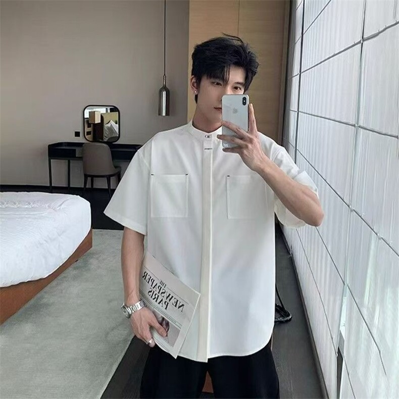 夏季痞帅男生垂感立领衬衣男宽松百搭衬衫上衣CSA15-P35，男装衬衫，星座208-5