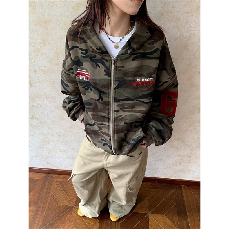 美式复古运动连帽卫衣女春秋季新款宽松慵懒风拉链开衫外套,女装短外套,星座302B