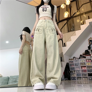 X369-P62 复古反穿做旧刺绣牛仔裤春夏设计感宽松阔腿直筒休闲裤图片