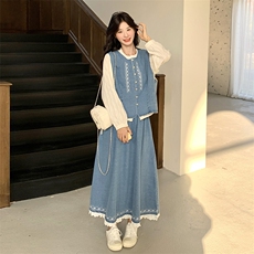 复古牛仔马甲裙女2025春季新款设计感超好看衬衫半身裙，女装连衣裙，2C032