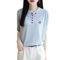 夏季莱赛尔天丝针织五分袖上衣女翻领刺绣纽扣短袖T恤宽松打底衫，女装针织衫/毛衣，郡淞羊绒