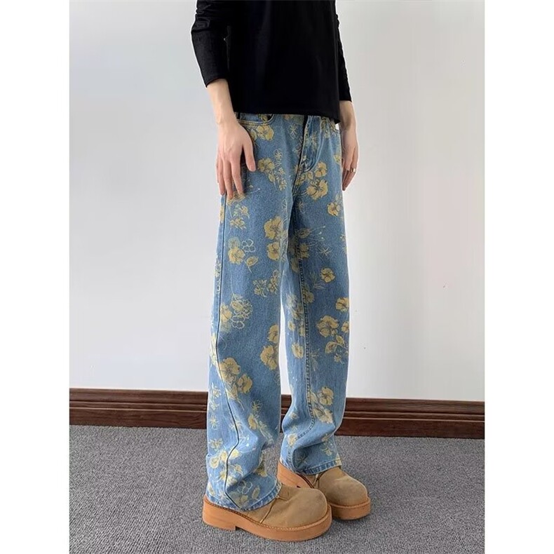 1506/QA1090/P53黄碎花直筒牛仔裤男设计感印花阔腿松弛感裤图片
