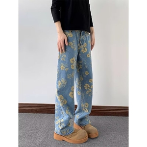 1506/QA1090/P53黄碎花直筒牛仔裤男设计感印花阔腿松弛感裤图片
