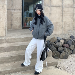 灰色人字纹毛呢羽绒服外套女2025新款冬季韩系羽绒内胆呢子夹克图片