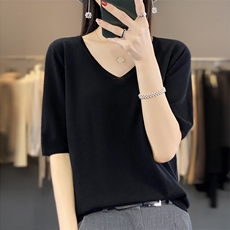 一线成衣精纺羊毛针织短袖女24夏季新款V领纯色半袖T恤打底衫上衣，女装针织衫/毛衣，暖烁特种纱工厂店
