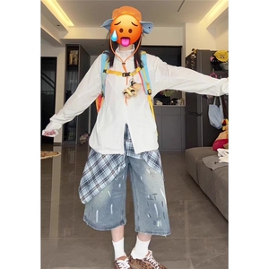 大码撞色泼墨牛仔短裤女2025夏季新款高腰慵懒感显瘦通勤七分裤子图片