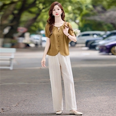 老钱风休闲气质套装女2025夏季新款洋气减龄短袖小衫阔腿裤两件套，女装套装/套裙，依万里