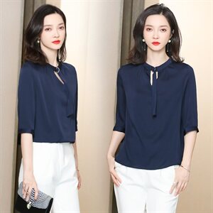 老敏哥【优雅从容】100重磅百搭飘带立领桑蚕丝双绉真丝上衣女图片
