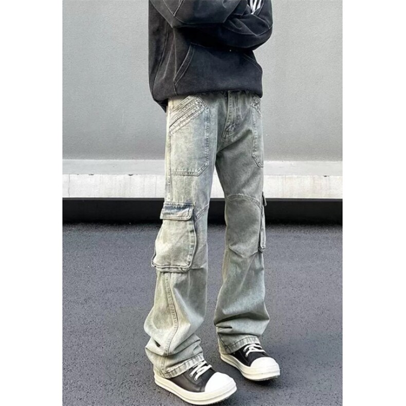 复古多口袋工装直筒牛仔裤男女宽松微喇显瘦休闲长裤N178,男装牛仔裤,星座1116A（原606A-3）