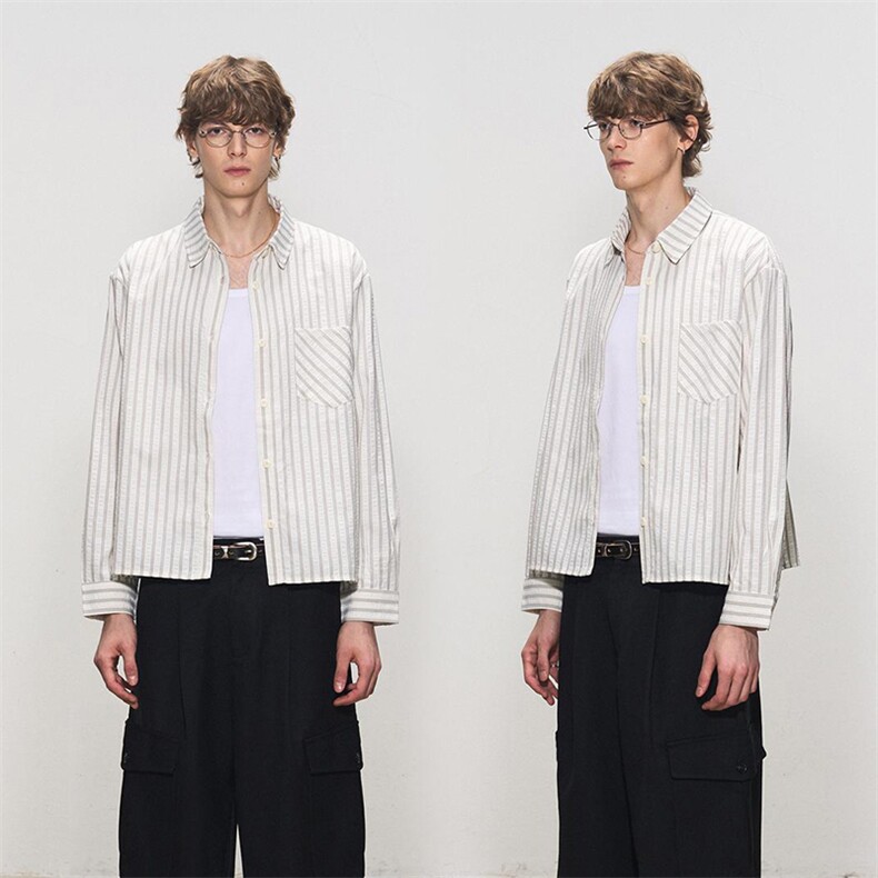 美式潮牌高街复古泡泡纱竖条纹日系肌理长袖衬衫男女休闲宽松衬衣，男装衬衫，电商A443