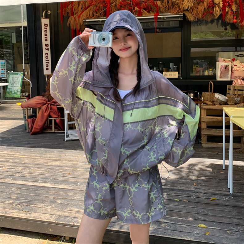 2026夏新款轻薄连帽印花防晒衣服外套装女两件套182A8658P145K218,女装防晒衣,浙宝182A