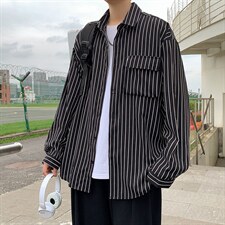 C3082/P40春装条纹长袖衬衣男立体口袋工装大码衬衫男四季款图片