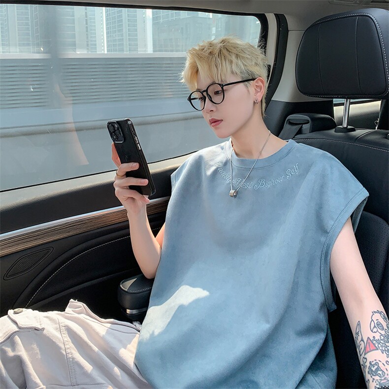 港风大码网红麂皮绒圆领无袖T恤背心男女XZ213-T070-P35控48,男装背心/马甲,星座213