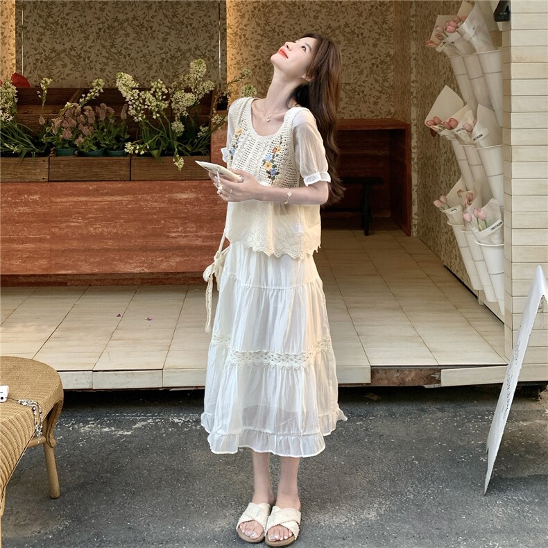 温柔穿搭绝美蕾丝刺绣上衣半身裙套装女夏清纯系超好看显瘦两件套,女装套装/套裙,2C201