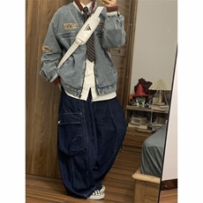 美式牛仔外套男秋冬季新款青年撞色立领宽松拉链夹克WT89455-P80，男装工装外套，星座1008