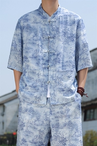 2025夏季新款风男装盘扣新中式唐装青花瓷印花衬衫 C111-P50图片