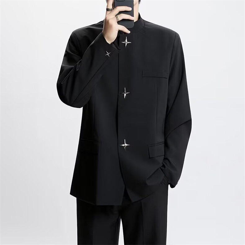 新中式垫肩中山装男春夏高级感立领休闲小西服风痞帅西装外套,男装西服套装,星座601-1