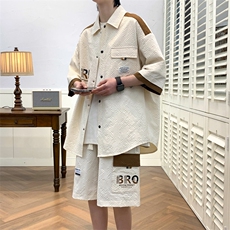 夏季潮流玉米格开衫宽松短袖衬衣短裤帅气港风套装A436-D219-P60，男装休闲套装，电商A436