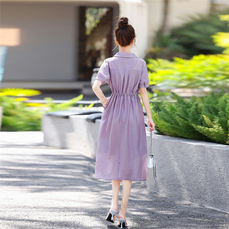 莱赛尔天丝连衣裙女2025新款夏季中长款高级感收腰减龄衬衫a字裙,女装连衣裙,梦芯尔